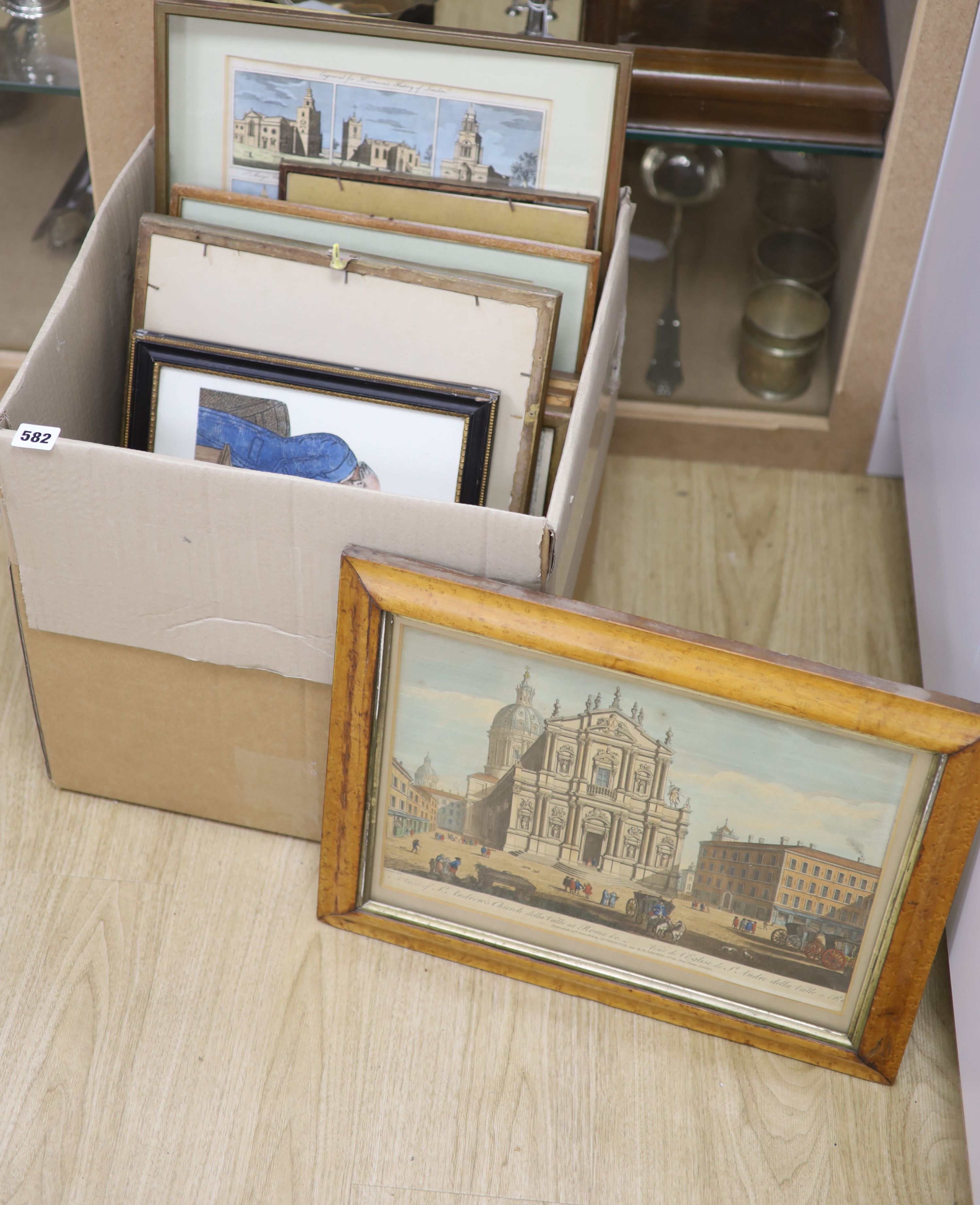 A collection of 18th century hand coloured engravings of churches, together with a cropped print of Glee Singers